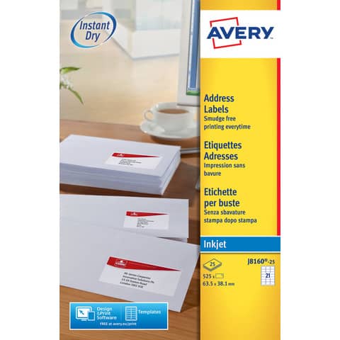 Etichette bianche per buste AVERY QuickD stampanti inkjet - cf. 25 fogli J8160-25